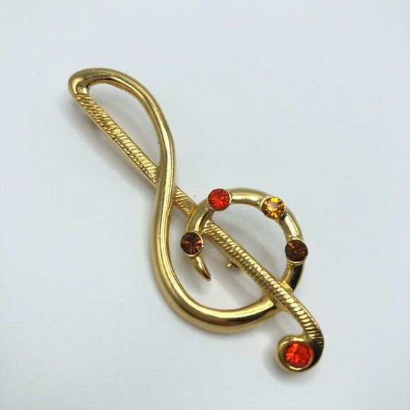 Vintage Music Brooch Treble Clef Music Note Gold Rhinestone Costume Statement - Picture 2 of 4